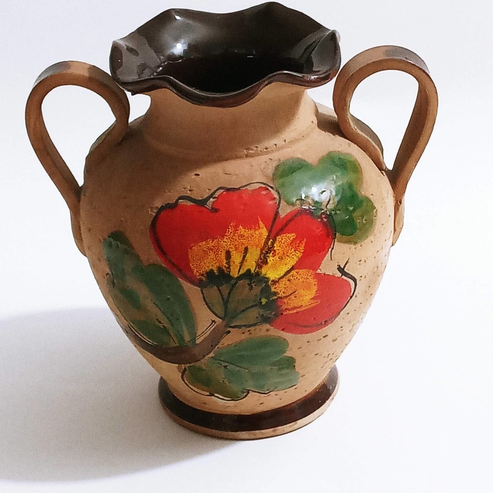 Vintage Pottery Glaze Vase Birds Floral Hand Painted Flowers (shelf)